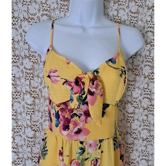 Xhilaration Jumpsuit L Yellow Floral Smocked Back Slit Wide Leg Adjustable Boho - Picture 3 of 14